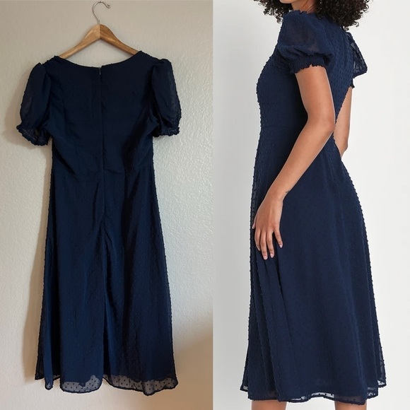 Romance Abounds Navy Swiss Dot Puff Sleeve A-Line Midi Dress - Picture 3 of 7